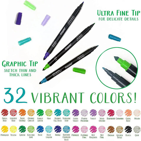 Crayola Sketch & Detail Dual-Tip Markers (16ct), Adult Coloring Set, 32 Colors, Fine & Brush Tip Art Markers, For Calligraphy & Drawing
