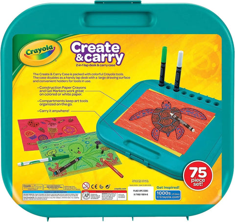 Crayola Create 'N Carry Travel Art Set for Kids (75pcs), 2-in-1 Lap Desk & Carrying Case, Essential Art Supplies Kit, Spring Crafting, Gift for Kids